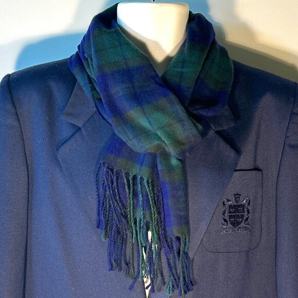 Cashmaire Italian Navy & Green Tartan Plaid Scarf  parisian old money academia - Picture 2 of 6